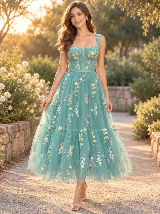 Fashion Dresses & Skirts - Teal Green Embroidered Floral Tulle Corset Midi Dress 10 Fairycore Formal